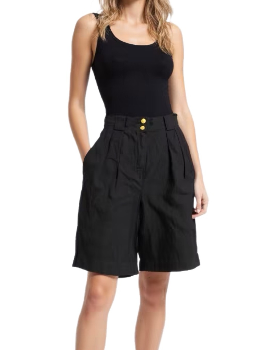 Mondi Linen Blend Black High Waisted Pleated Bermuda Shorts Size EU 34/XSmall